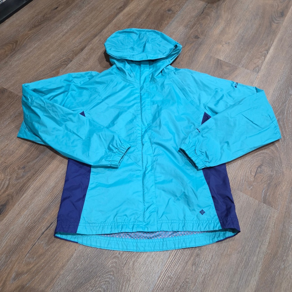Columbia Kids Turquoise Purple Colorblock Hooded Windbreaker Jacket Size 14/16